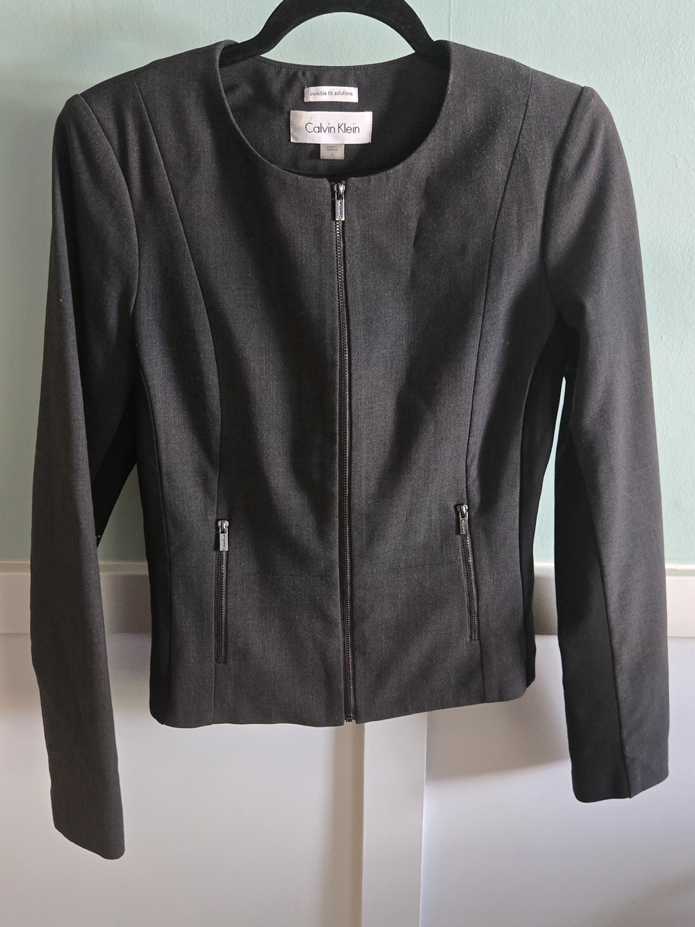 Calvin Klein Invisible Fit Solutions Blazer Zip-Front Side Panel Dark Gray Sz 6 - Picture 1 of 14